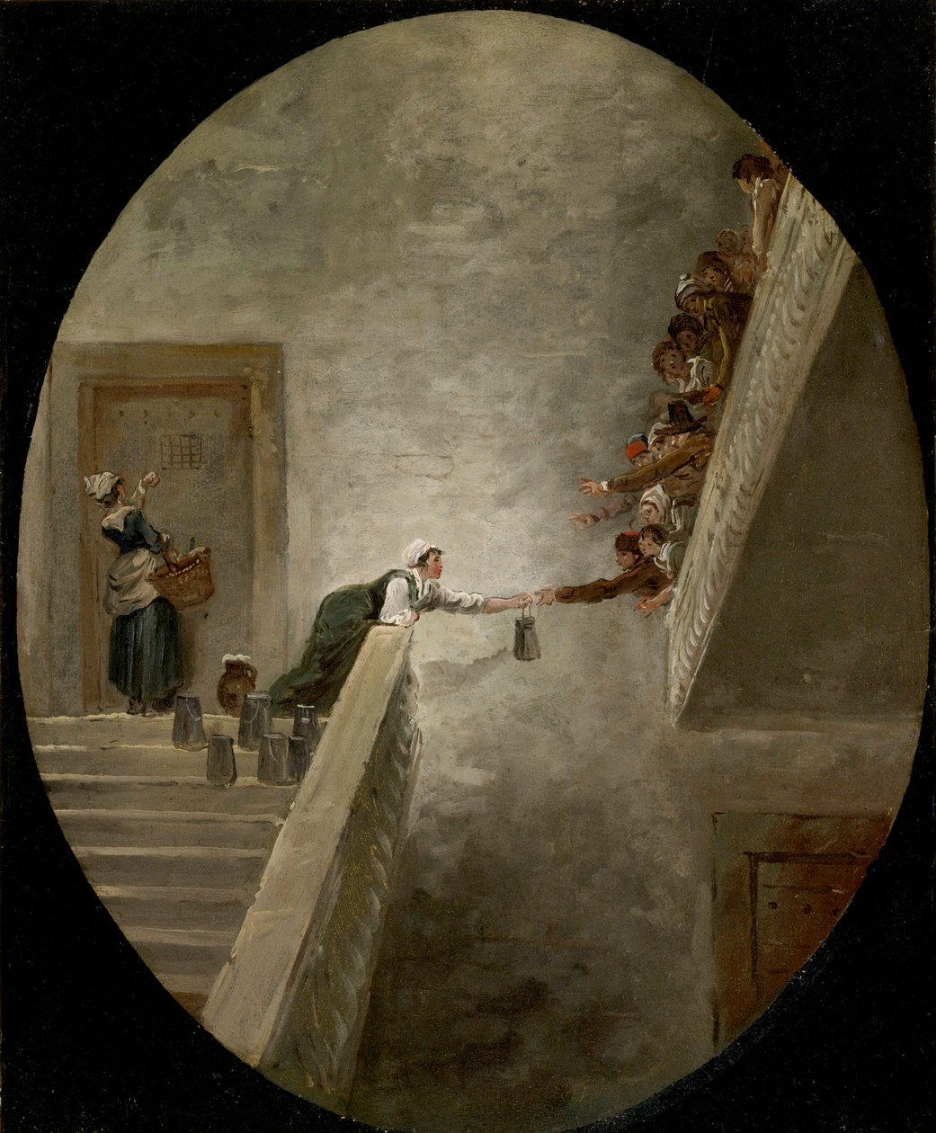 La Distribution du lait a la prison Saint Lazare - توزيع الحليب في سجن Saint-Lazare بواسطة Robert ، Hubert (1733-1808) ، 1794 - زيت على ورق ، 36،8x30،2 - مجموعة خاصة بواسطة هوبير روبرت