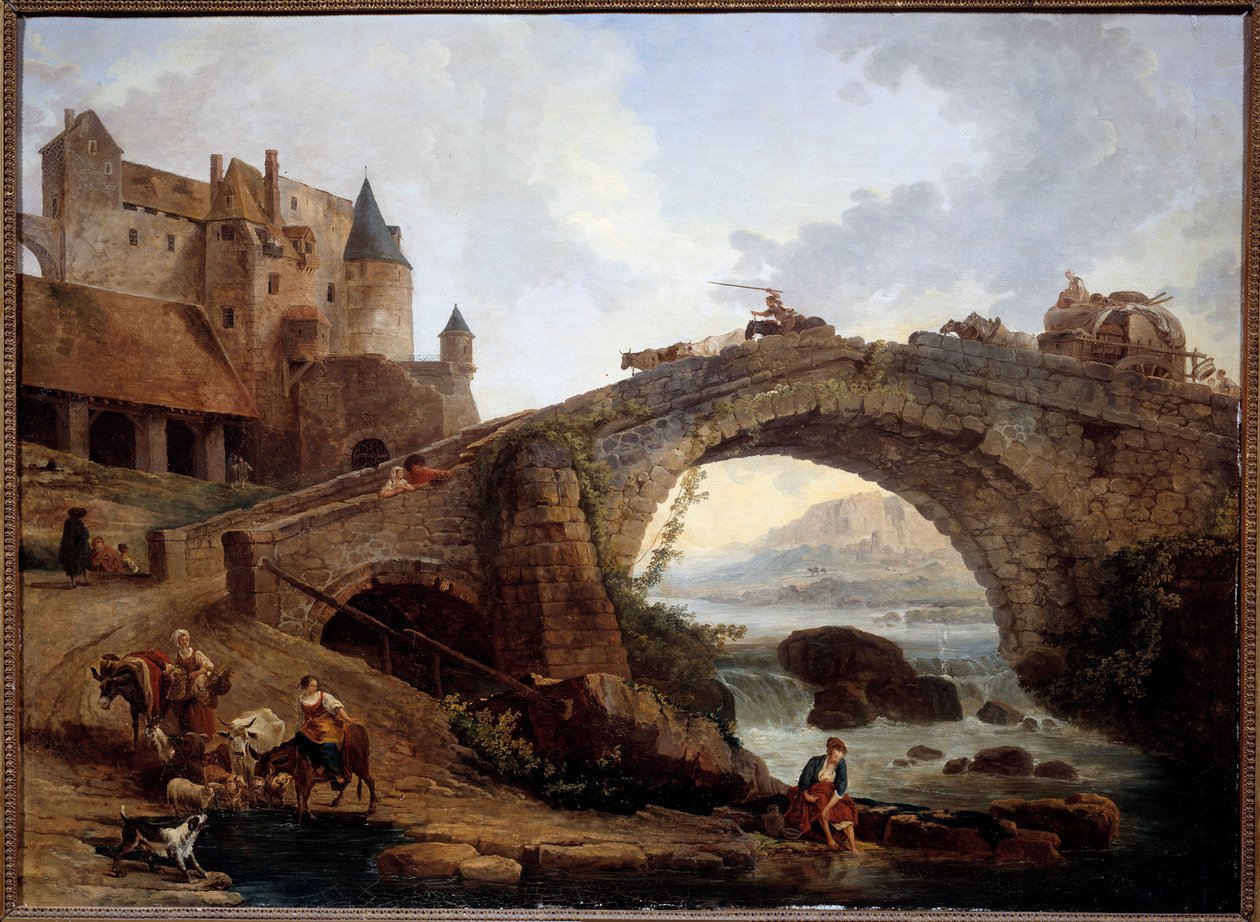 Landscape with Bridge Painting by Hubert Robert (1733-1808) 1776 Sun. 0,76x1,04 m Montpellier musee Fabre بواسطة هوبير روبرت