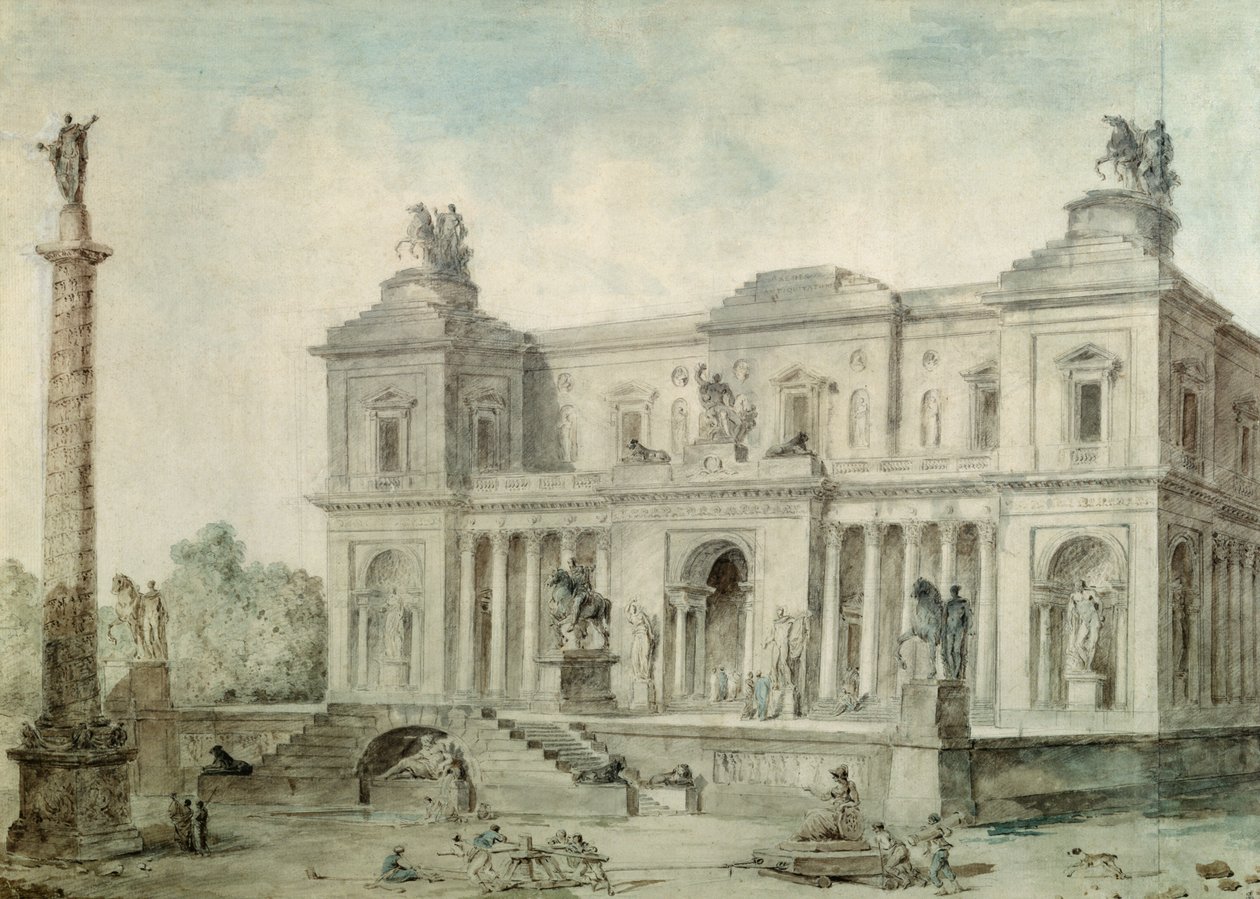 Le Musée des Antiques، c.1800 (طباشير وقلم وحبر ومرحاض على ورق) بواسطة هوبير روبرت