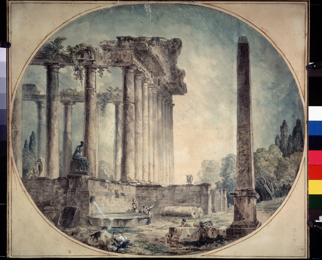 "" الأطلال القديمة والمسلة "" لوحة مائية بواسطة هوبير روبرت (1733-1808) 1776 متحف الدولة أ. بوشكين للفنون الجميلة ، موسكو ، روسيا بواسطة هوبير روبرت