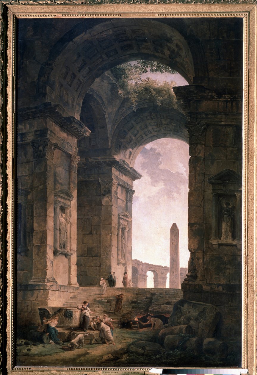 أطلال بمسلة. لوحة لهوبير روبرت (1733-1808) ، زيت على قماش بواسطة هوبير روبرت