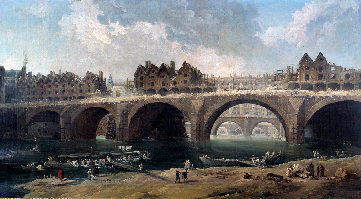 هدم المنازل على جسر نوتردام (نوتردام) في باريس عام 1786 سور لا سين ، مغسلة بالقوارب (غسيل بالقارب). لوحة بواسطة روبرت روبرت (1733-1808) 1786 صن. 0،86x1،59 م باريس ، متحف كارنافالي بواسطة هوبير روبرت