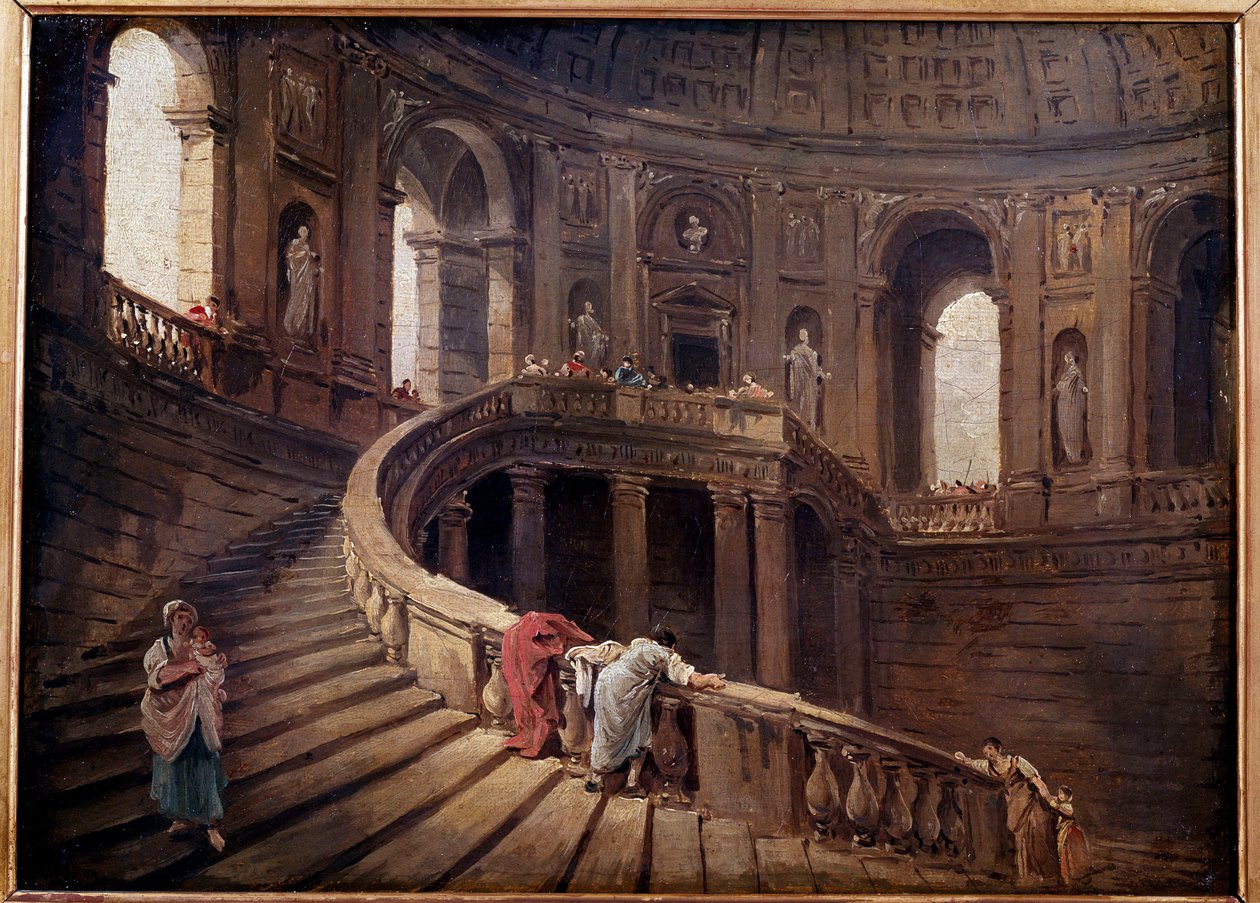 الدرج الدوار لـ Palazzo Farnese a Caprarola لوحة رسمها Hubert Robert (1733-1808) شمس القرن الثامن عشر. 0،24 × 0،33 م بواسطة هوبير روبرت
