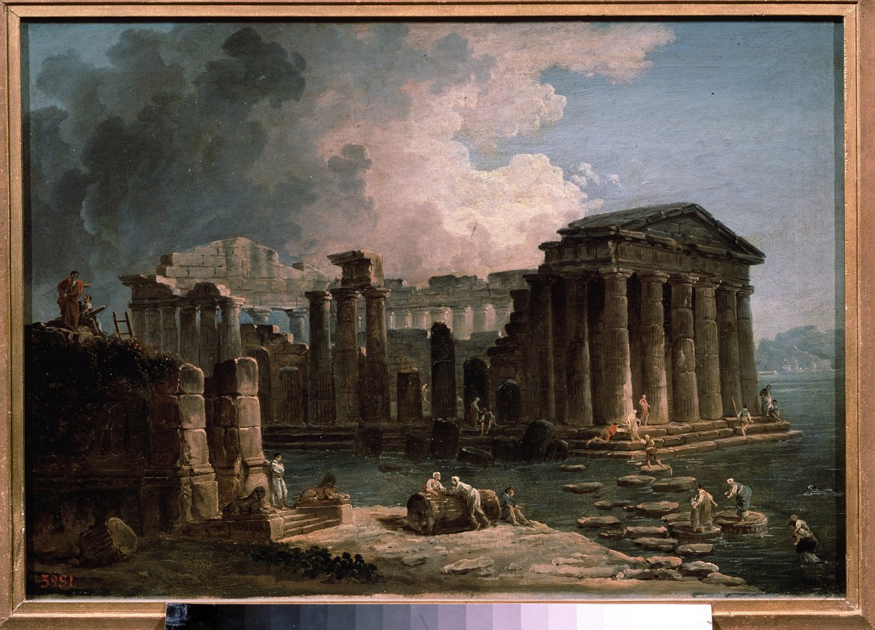 معبد محاط بالمياه. لوحة لهوبير روبرت (1733-1808) ، زيت على قماش ، حوالي 1780 ، فن فرنسي. State A. متحف بوشكين للفنون الجميلة ، موسكو. بواسطة هوبير روبرت