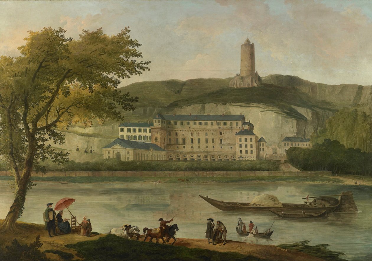 منظر لقلعة Madame d'Enville في La Roche-Guyon ، حوالي عام 1773. بواسطة هوبير روبرت