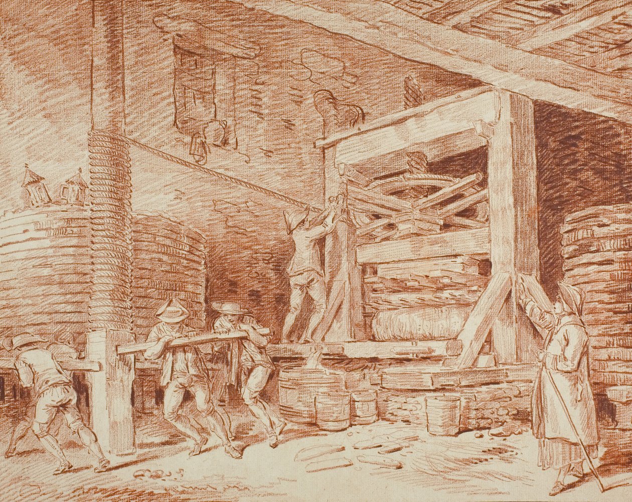 مكبس النبيذ ، حوالي 1759 (طباشير أحمر على ورق مصقول مصقول ، موضوع على بطاقة موضوعة كريمية) بواسطة هوبير روبرت