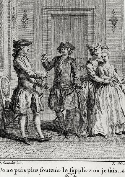 لم أعد أستطيع تحمل العذاب هنا حيث أنا ، رسم توضيحي لـ Eugenie by Beaumarchais ، محفور بواسطة Louis Joseph Masquelier (1741-1811) بواسطة هوبرت بعد Gravelot
