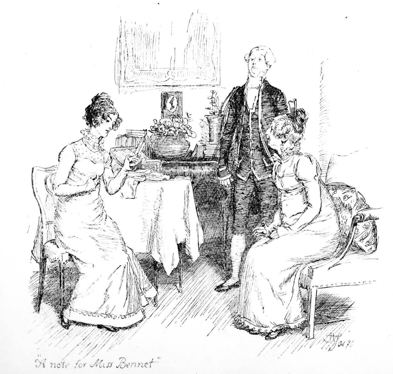 "مذكرة للسيدة بينيت" ، توضيح من "Pride und Prejudice" لجين أوستن ، طبعة نُشرت عام 1894 بواسطة هيو طومسون
