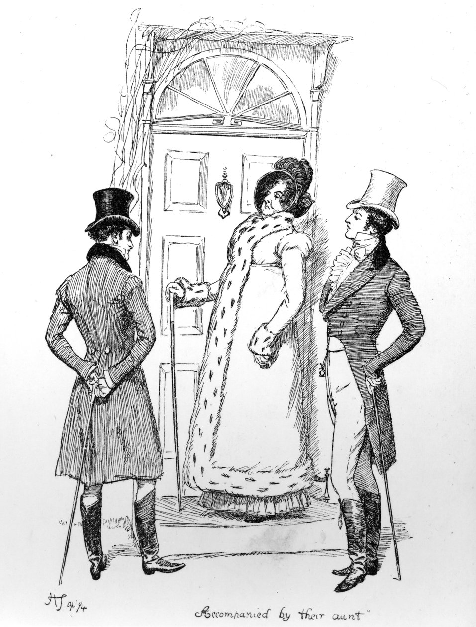 "برفقة خالتهم" ، رسم توضيحي من "Pride und Prejudice" لجين أوستن ، طبعة نُشرت عام 1894 بواسطة هيو طومسون