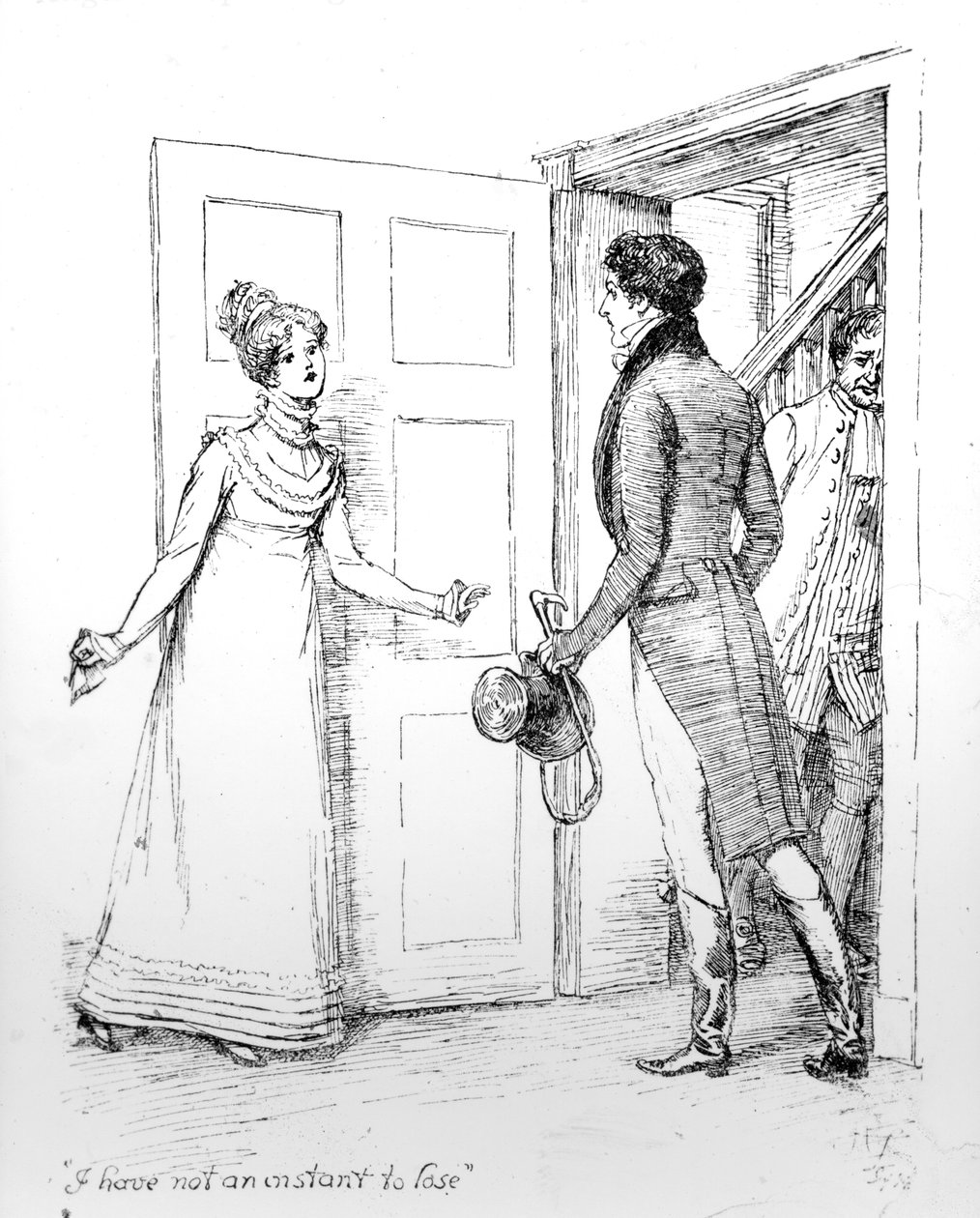 "ليس لدي لحظة لأخسرها" ، توضيح من "Pride und Prejudice" لجين أوستن ، طبعة نُشرت عام 1894 بواسطة هيو طومسون
