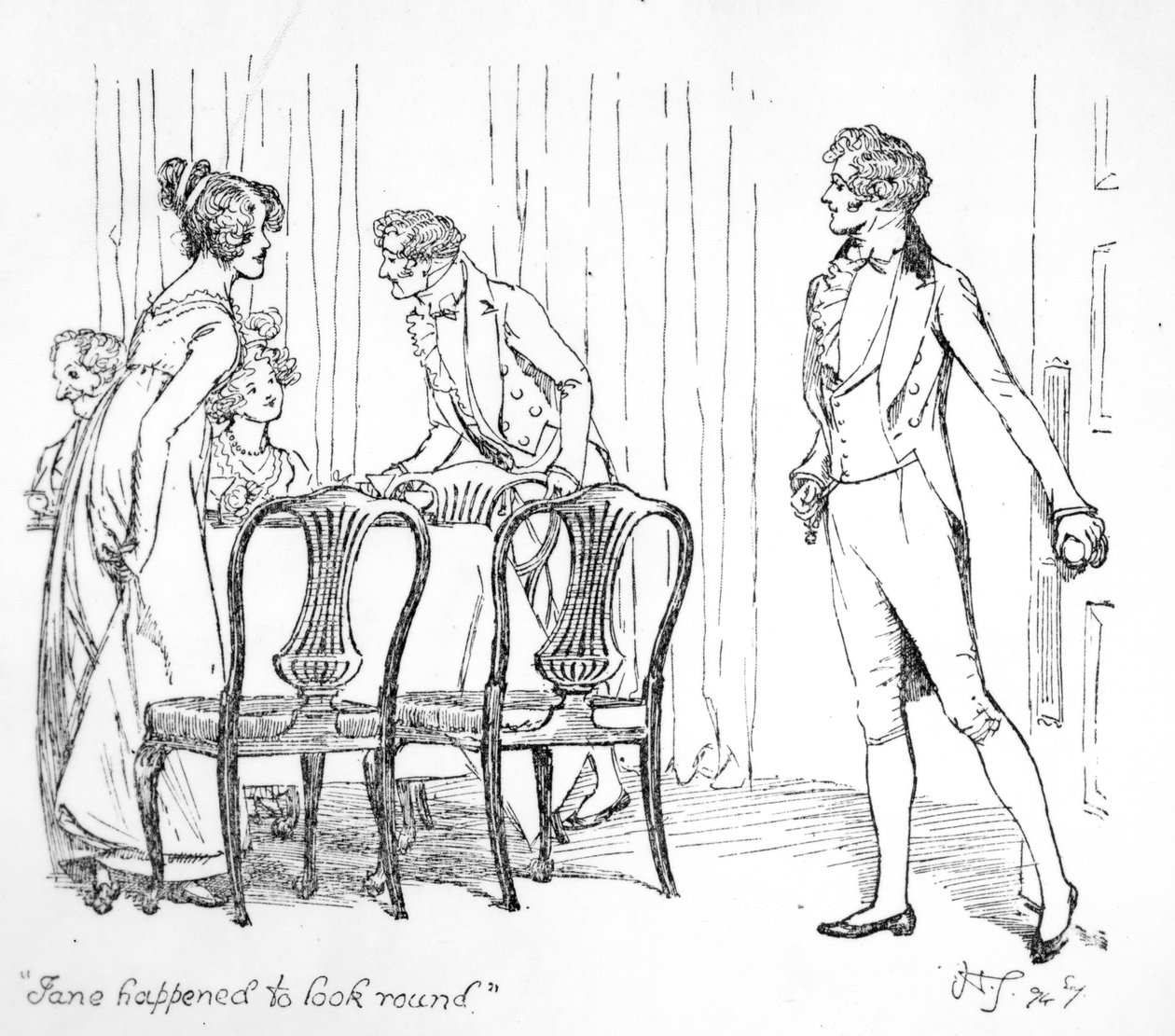 "تصادف أن تبدو جين مستديرة" ، رسم توضيحي من "Pride und Prejudice" لجين أوستن ، طبعة نُشرت عام 1894 بواسطة هيو طومسون