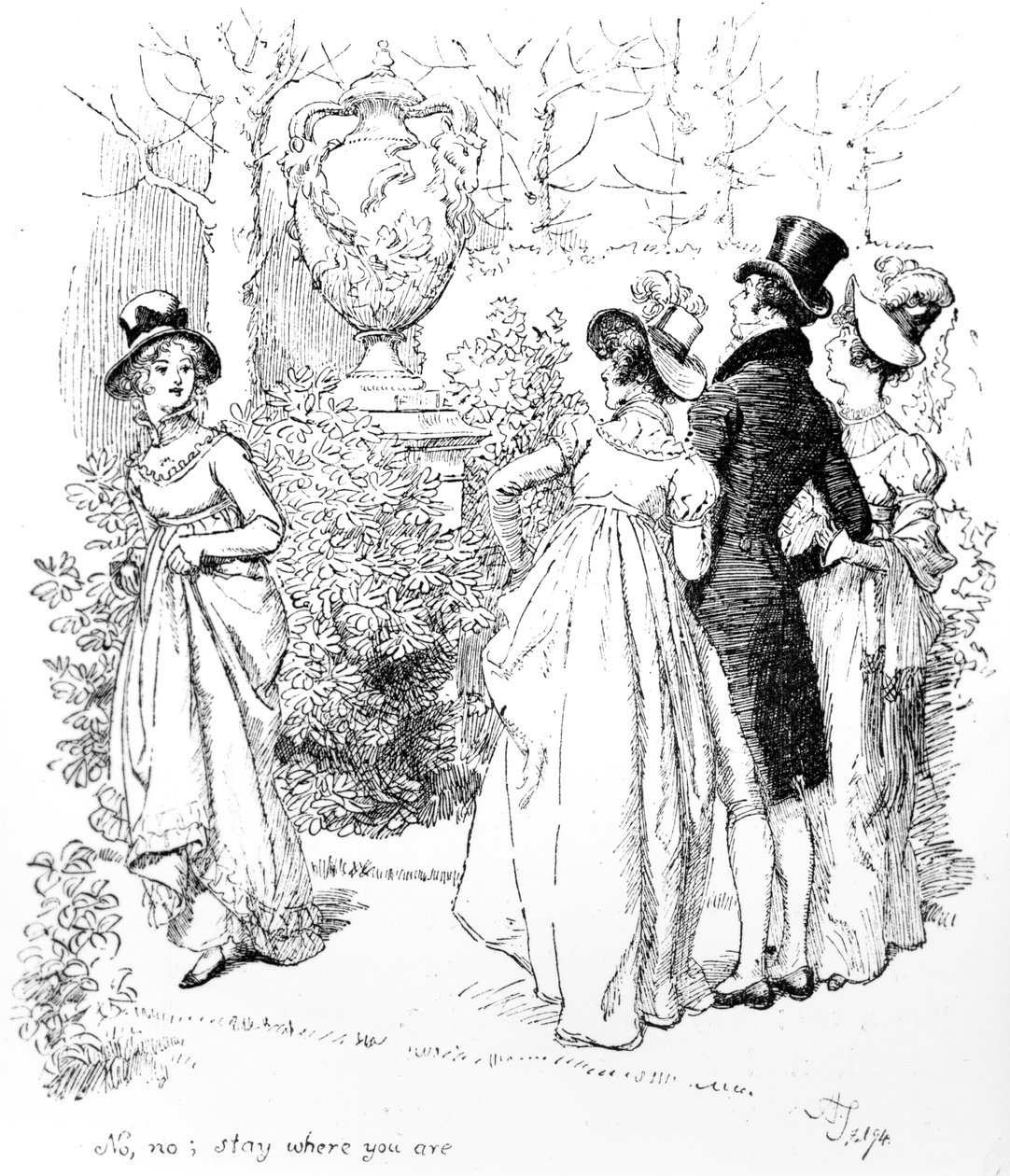 "لا ، لا ، ابق في مكانك" ، توضيح من "Pride und Prejudice" لجين أوستن ، طبعة نُشرت عام 1894 بواسطة هيو طومسون