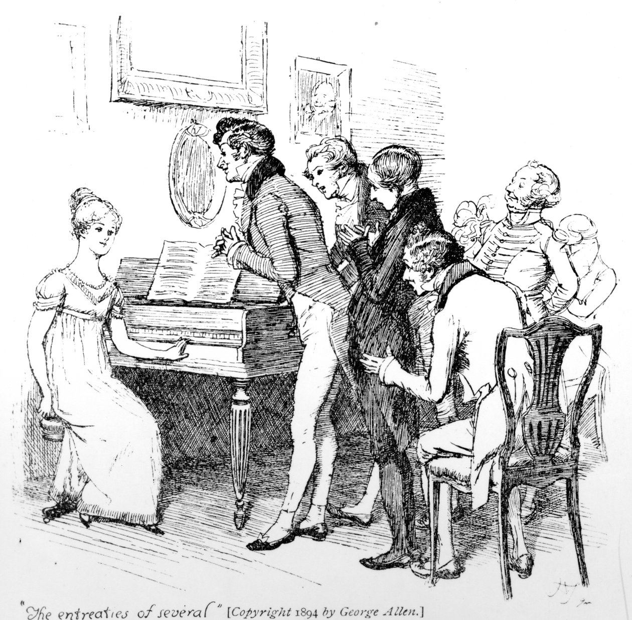 `` توسلات عدة &39;&39; ، صورة توضيحية من كتاب "Pride und Prejudice" لجين أوستن ، طبعة نُشرت عام 1894 بواسطة هيو طومسون