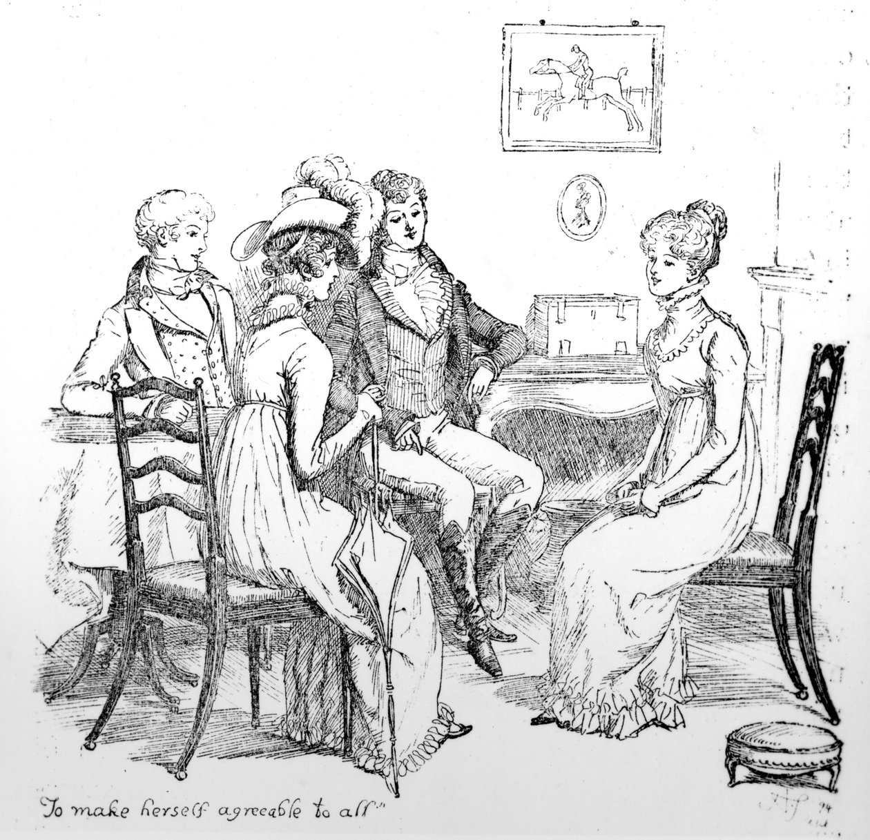 "لجعل نفسها مقبولة للجميع" ، توضيح من "Pride und Prejudice" لجين أوستن ، طبعة نُشرت عام 1894 بواسطة هيو طومسون