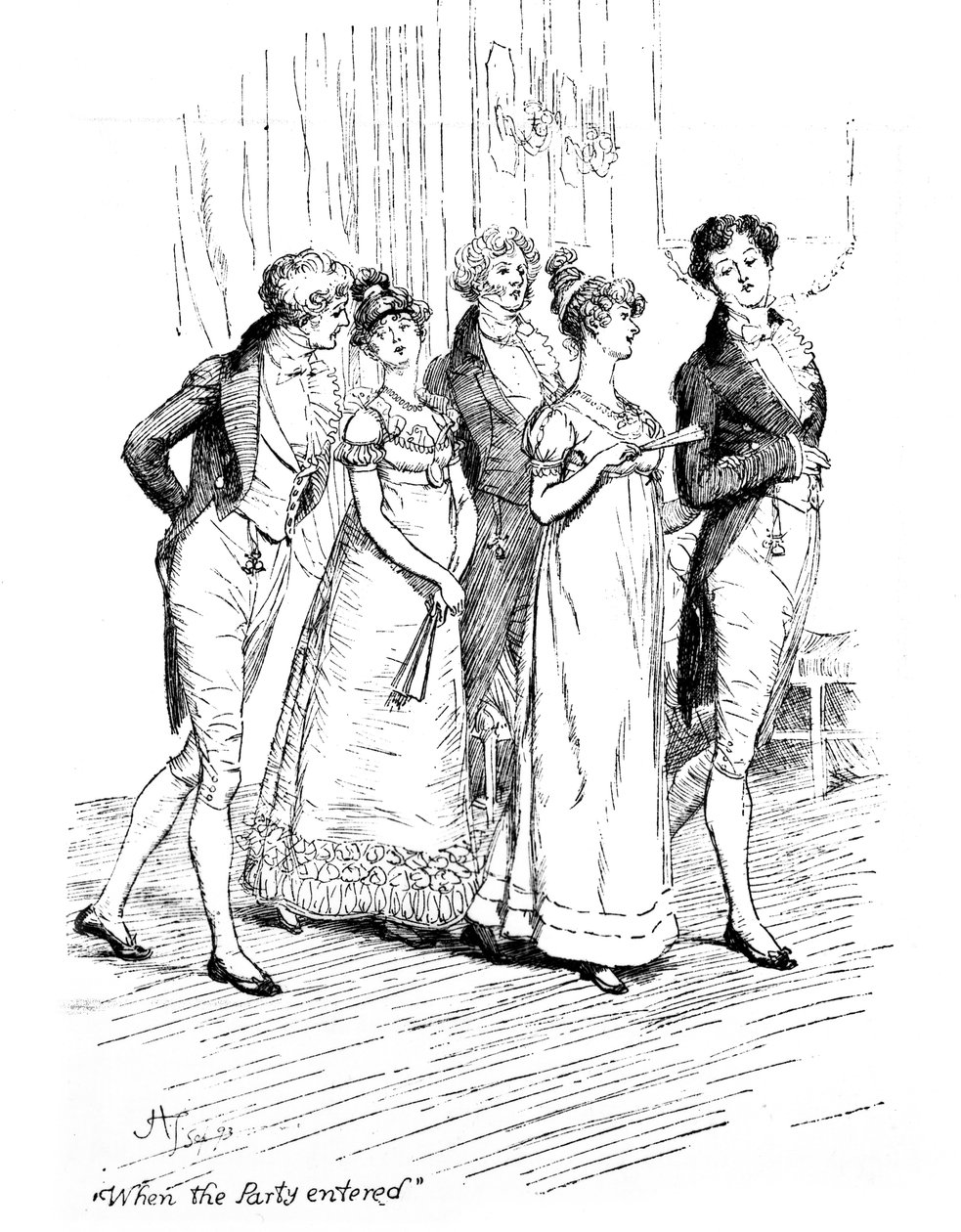 "عندما دخل الحزب" ، رسم توضيحي من "Pride und Prejudice" لجين أوستن ، طبعة نُشرت عام 1894 بواسطة هيو طومسون