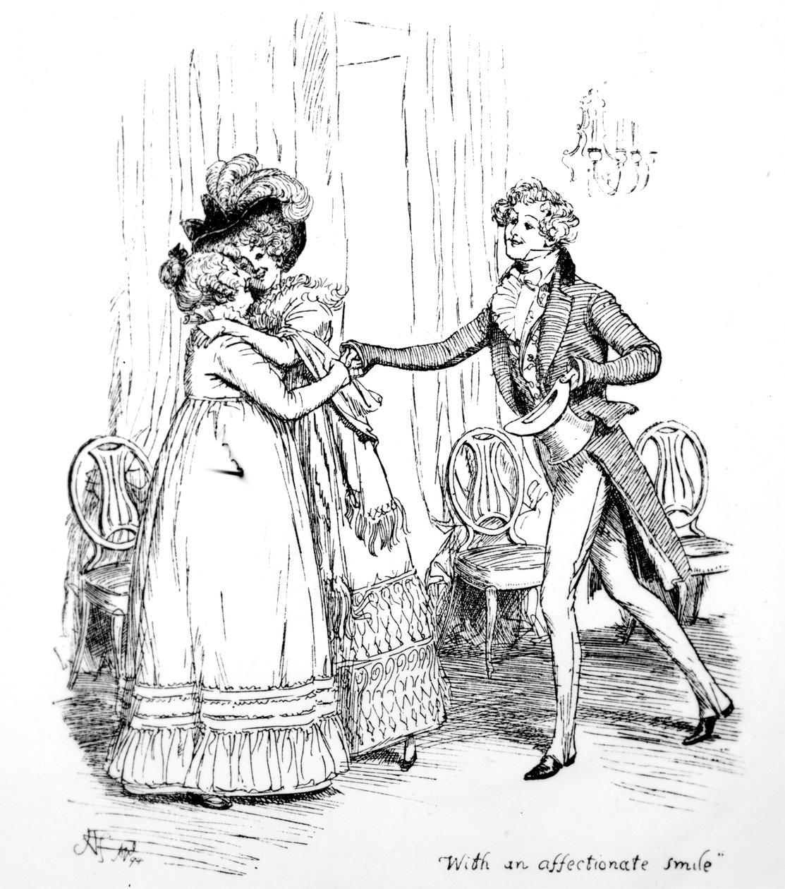 "بابتسامة عاطفية" ، رسم توضيحي من "Pride und Prejudice" لجين أوستن ، طبعة نُشرت عام 1894 بواسطة هيو طومسون