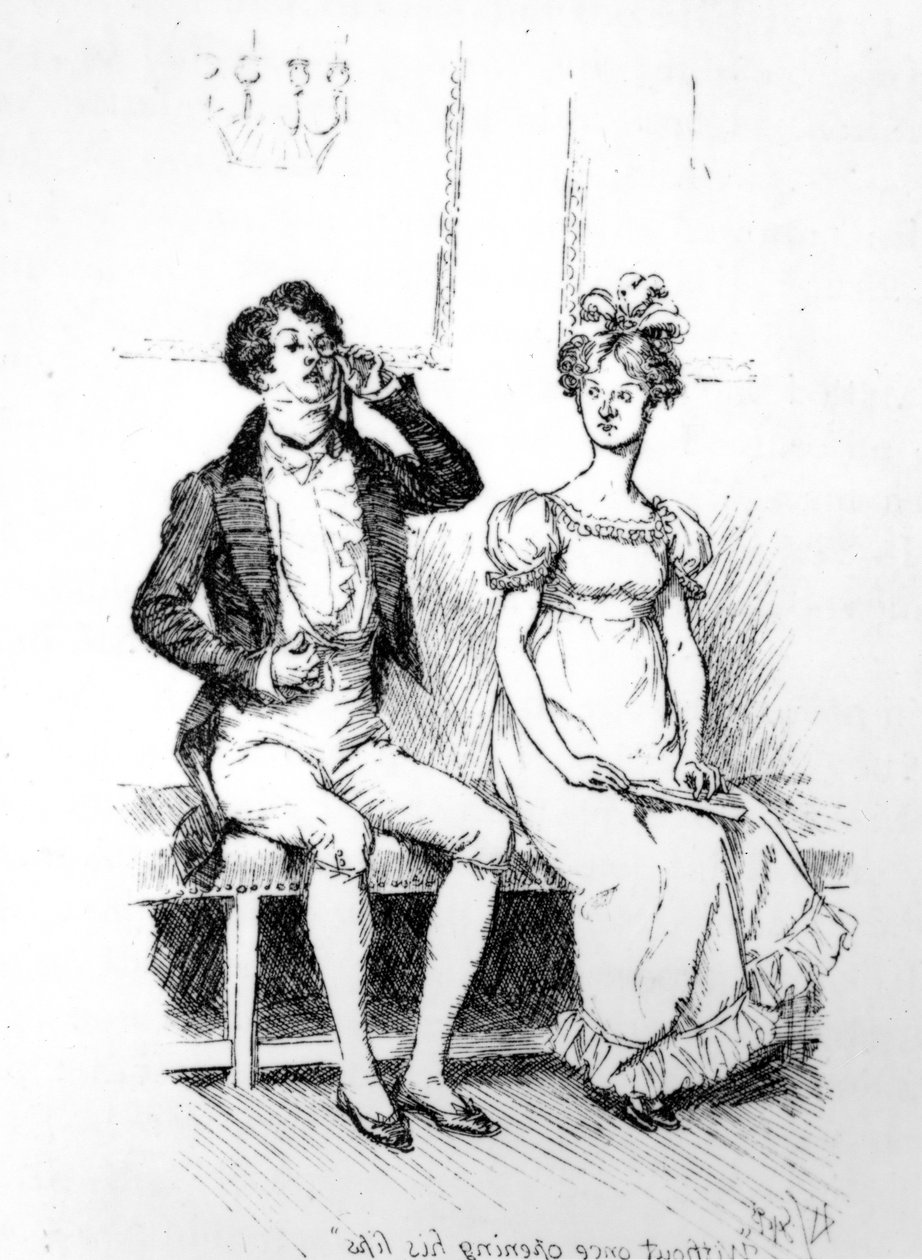 "بدون فتح شفتيه مرة واحدة" ، رسم توضيحي من "Pride und Prejudice" لجين أوستن ، طبعة نُشرت عام 1894 بواسطة هيو طومسون