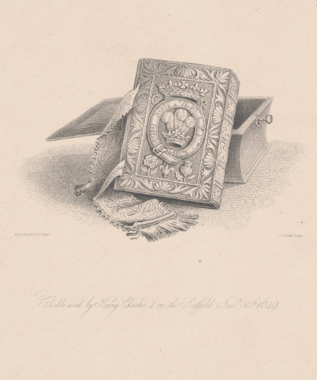 الكتاب المقدس استخدمه الملك تشارلز الأول على سقالة في 30 يناير 1649 ، محفور بواسطة سي جيه سميث بواسطة هيو ايرفين