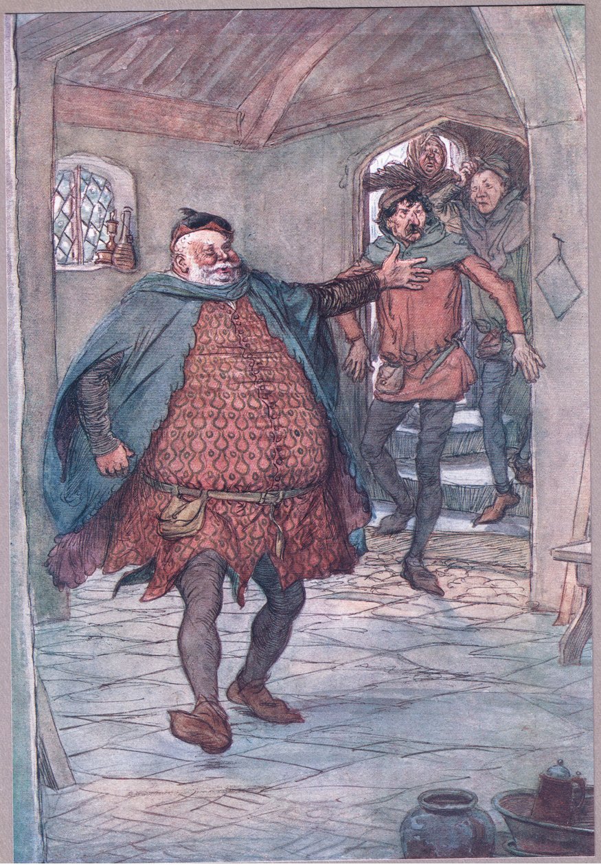 أدخل Falstaff ، مسدس ، Nym و Bardolph ، رسم توضيحي من The Merry Wives of Windsor ، 1910 بواسطة هيو طومسون