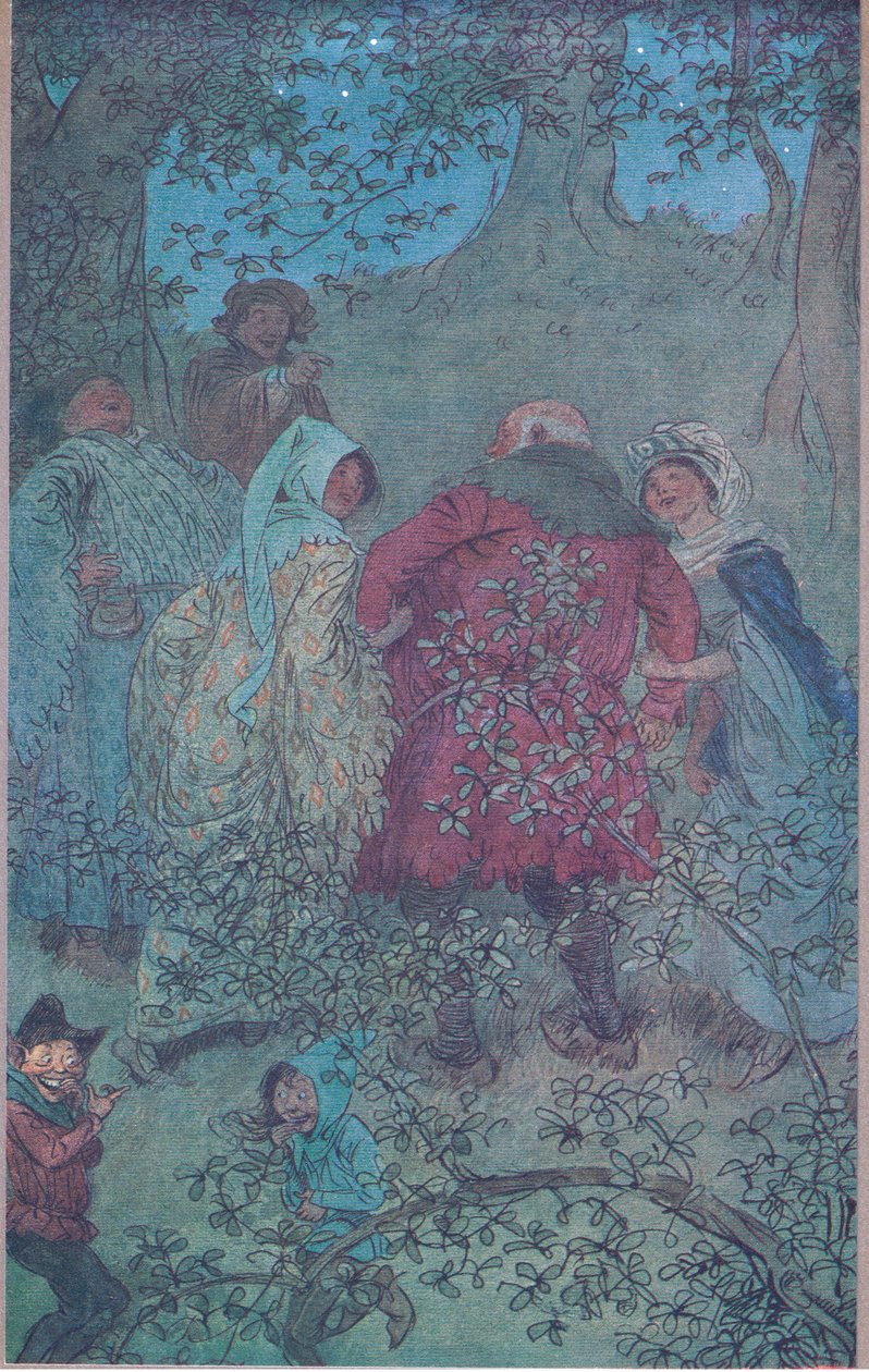الآن ، السير جون الجيد ، كيف تعيش زوجات وندسور ، رسم توضيحي من The Merry Wives of Windsor ، 1910 بواسطة هيو طومسون