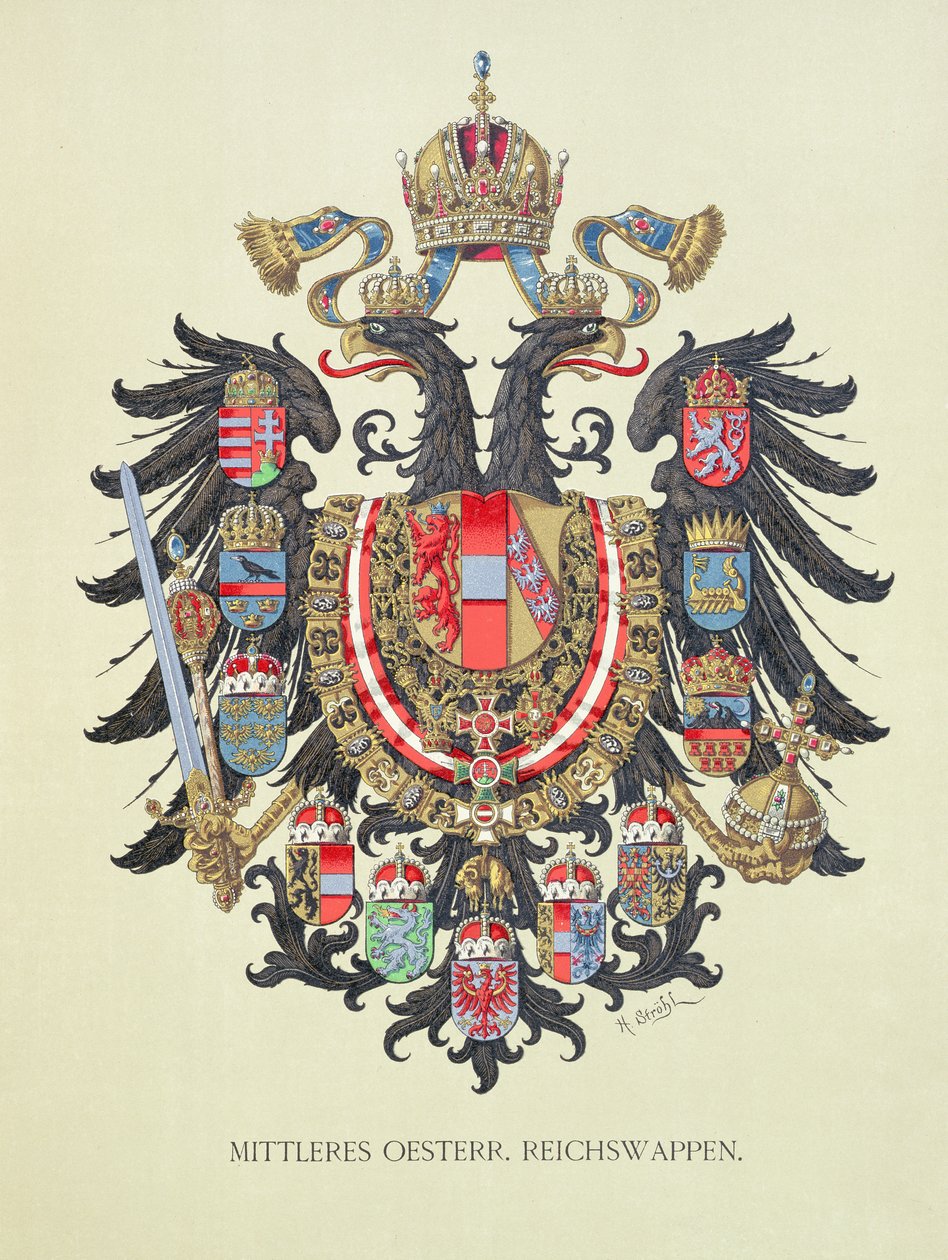 لوحة تحمل شعار الإمبراطورية النمساوية المجرية ، من "Heraldischer Atlas" للفنان ، 1899 بواسطة هوغو جيرارد ستروهل