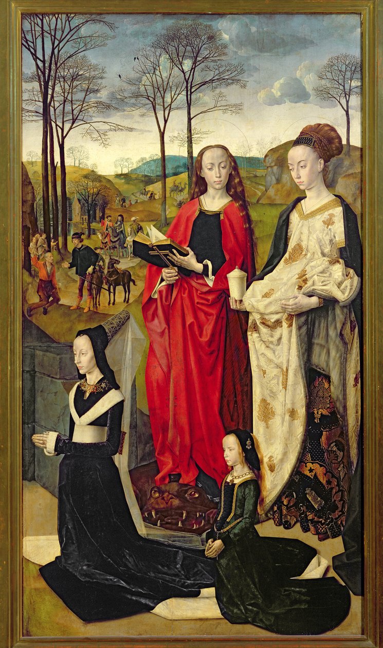 ال Portinari Altarpiece ، St. Mary Magdalen and St. Margaret with Maria Baroncelli and Daughter Margherita Portinari ، الجناح الأيمن ، c.1479 بواسطة هوغو فان دير جويس