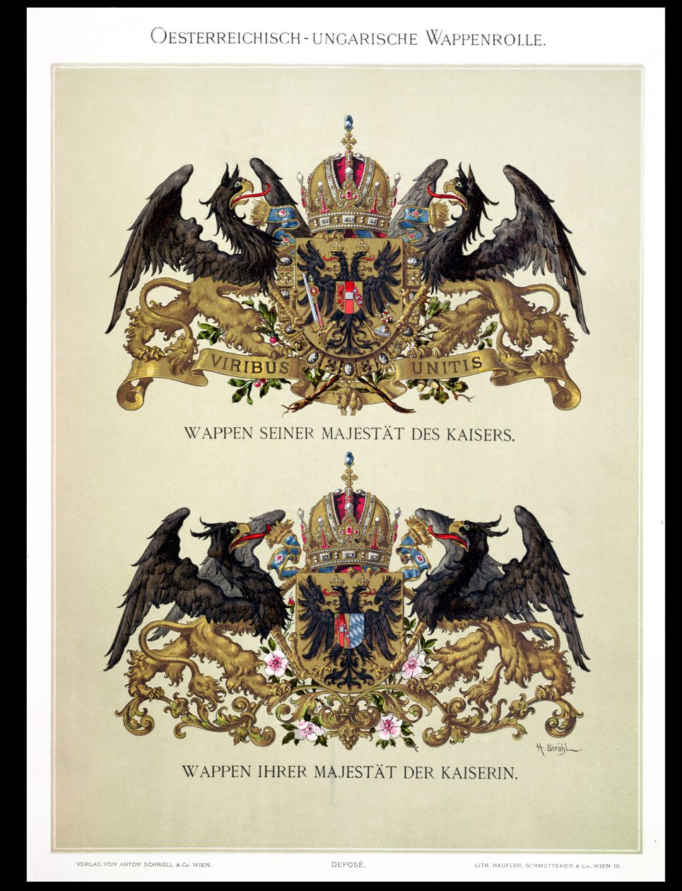 لوحة تحمل شعارات الإمبراطور فرانز جوزيف الأول (1830-1916) والإمبراطورة إليزابيث بافاريا (1837-1898) من "Heraldischer Atlas" للفنان ، 1899 بواسطة هوغو جيرارد ستروهل