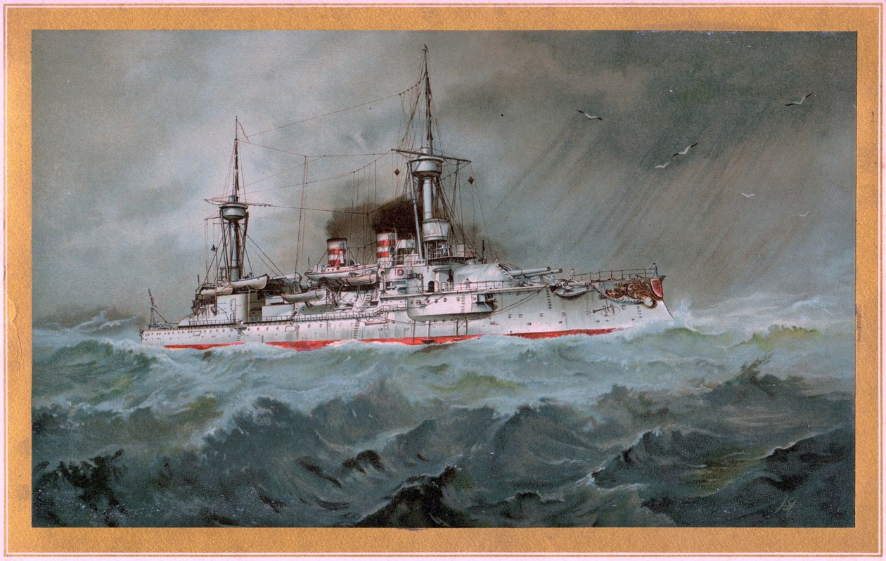 SMS Linienschiff Brandenburg (معطف النبالة النسر الأحمر على الدرع الأبيض ، SMS Wörth = نسر الإمبراطور الأسود على الدرع الذهبي) بواسطة هوغو جراف