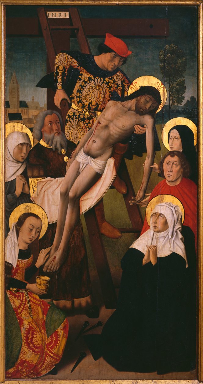 Passion Triptych ، The Descent from the Cross ، اللوحة اليمنى (زيت على لوحة) (انظر أيضًا 345855 ، 345856 ، 345857) بواسطة هوغو فان دير (استوديو) يذهب