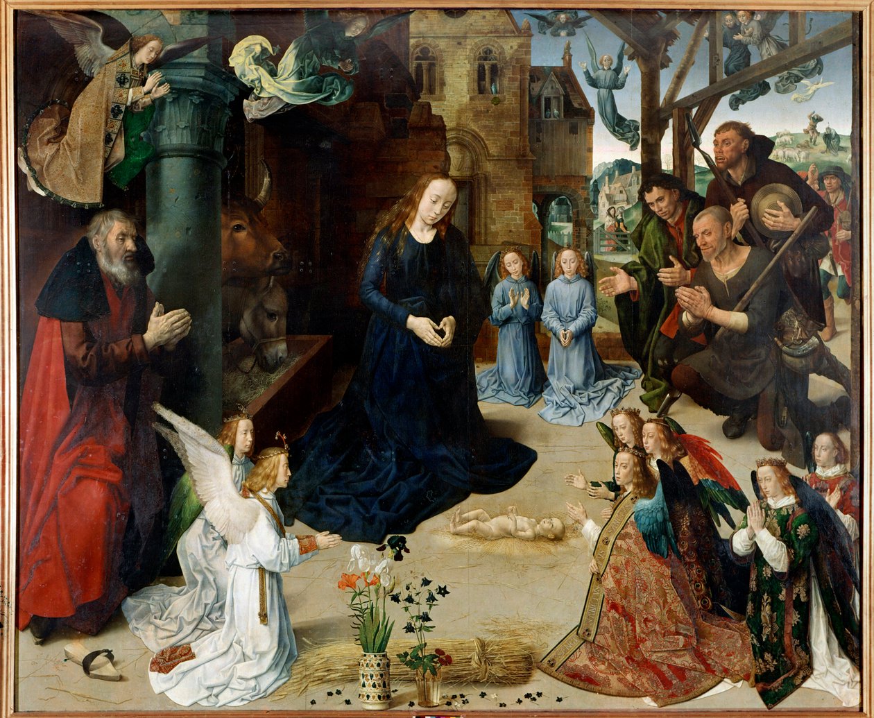 Adoration of the Shepherds (Central Panel of the Tryptic of Portinari””. Painting by Hugo van der Goes (1440-1482). 1475 approx. H/B. 253x304 cm. galleria degli Uffizi (Offices), Florence - Adoration of the Shepherds (central panel of the Portinari Triptyc بواسطة هوغو فان دير جويس