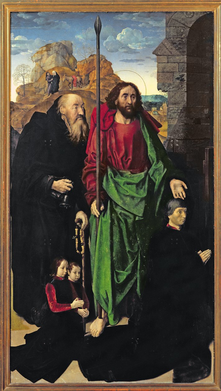 ال Portinari Altarpiece ، سانت توماس وسانت أنتوني الناسك مع Tommaso Portinari وابنين أنطونيو و Pigello ، Left Wing ، c.1479 بواسطة هوغو فان دير جويس