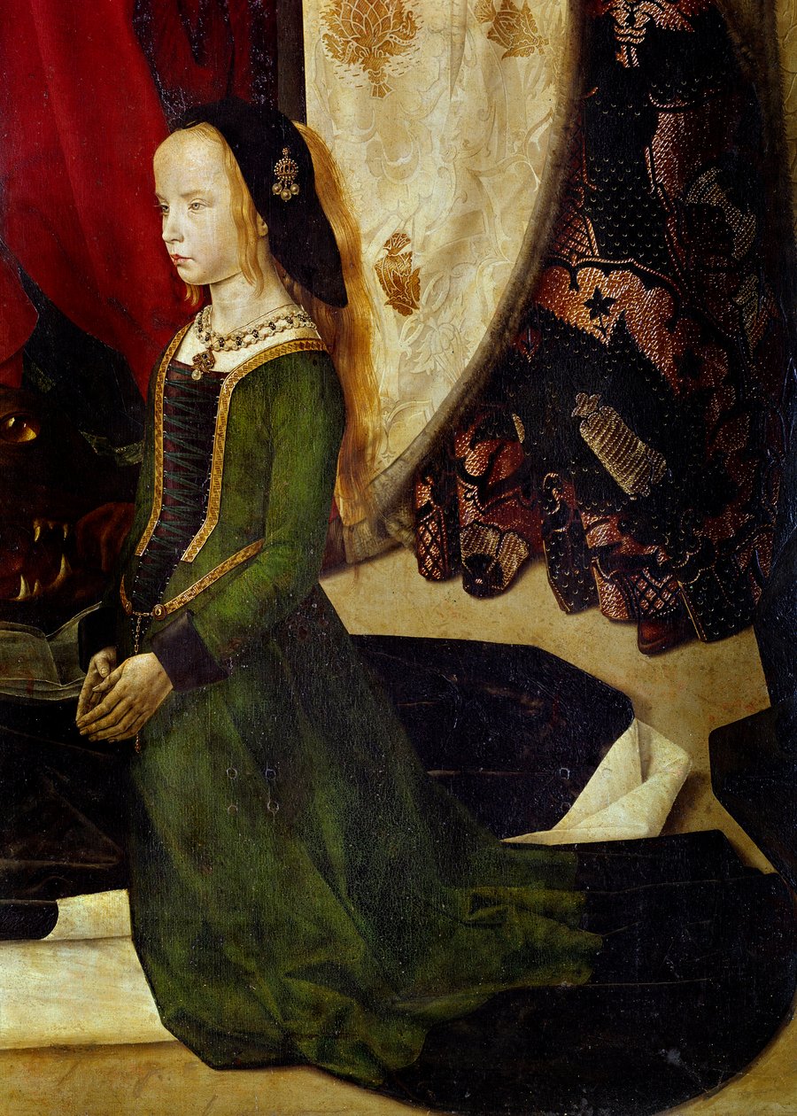 Tryptic of Portinari Detail تمثل فتاة صغيرة في الصلاة. لوحة لهوجو فان دير جويس (1440-1482). 1475 تقريبًا ح / ب. 253x304 سم. جاليريا ديجلي أوفيزي (مكاتب) ، فلورنسا. بواسطة هوغو فان دير جويس