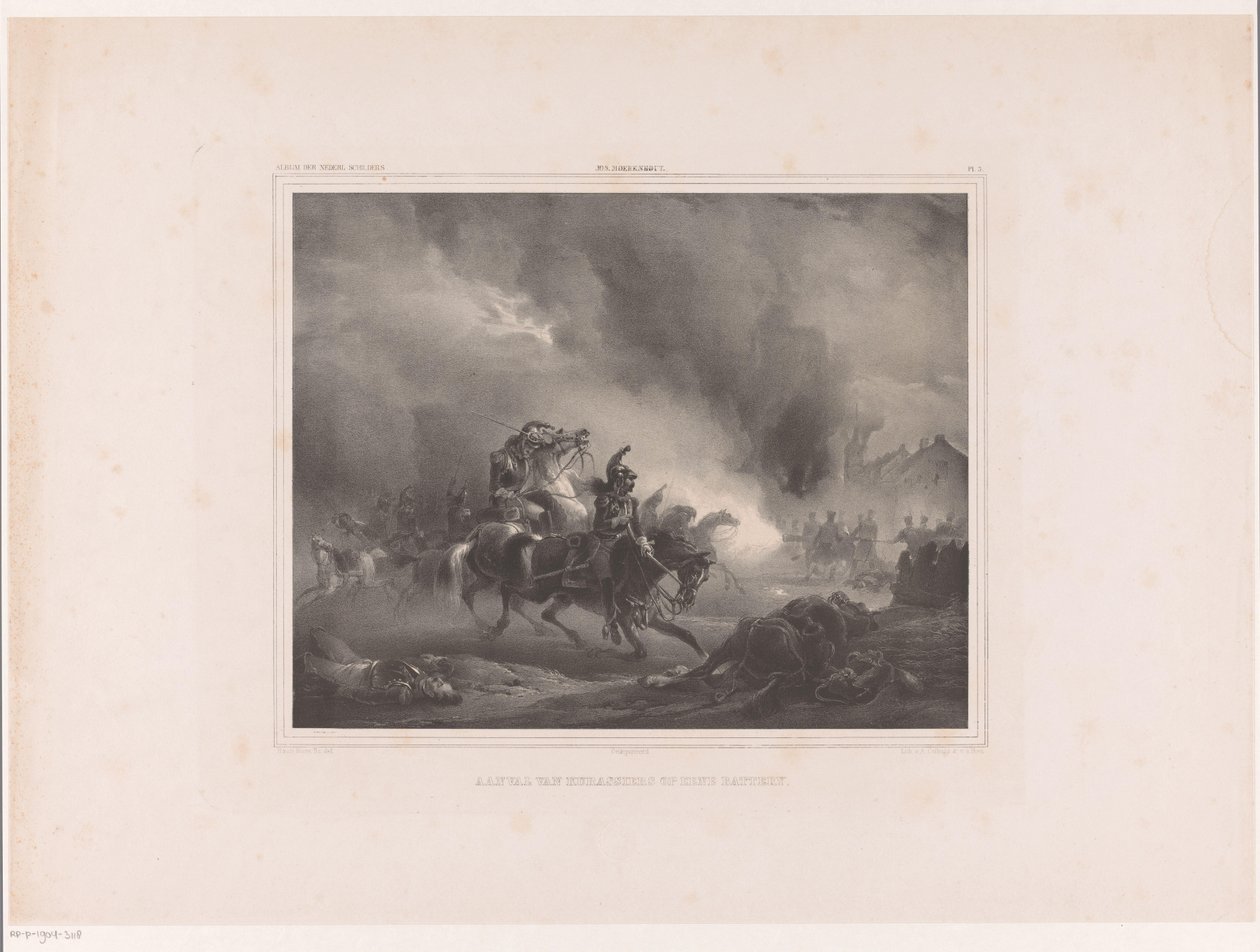 مهاجمة الجنود على ظهور الخيل هجوم من cuirassiers على بطارية (العنوان على الكائن) رسامو الألبوم der Nederlandsche (عنوان السلسلة على الكائن) بواسطة هويب فان هوف ب
