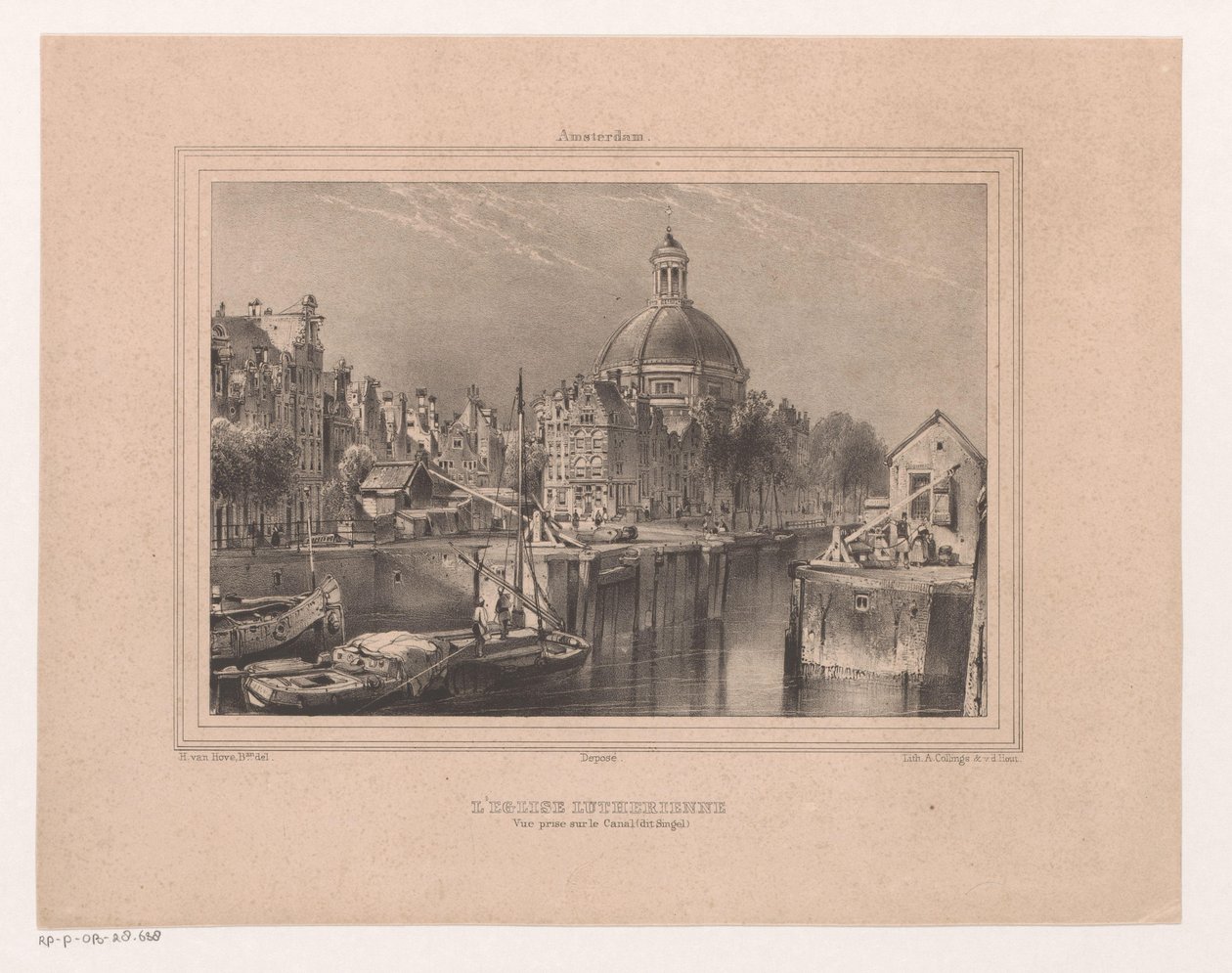Gezicht op de Stromarkt، het Singel en de Lutherse kerk الكنيسة اللوثرية. المنظر المأخوذ من القناة (المعروفة باسم Singel) (العنوان على الكائن) تذكار من أمستردام ثمانية مناظر مرسومة ومطبوعة بالحجر من الطبيعة بواسطة H. van Hove Bz. (عنوان المسلسل) بواسطة هويب فان هوف ب
