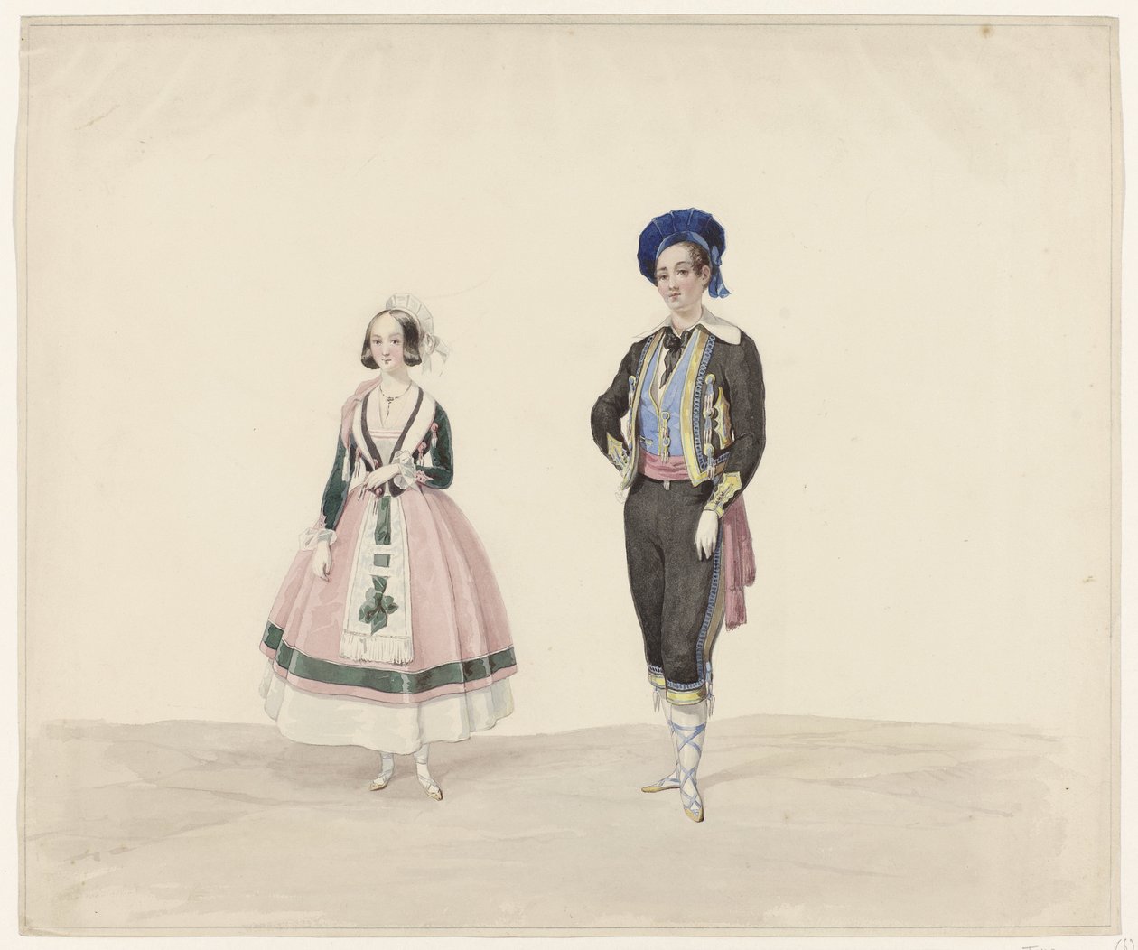 رجل وامرأة في زي الفترة ، 1841 ستة ألوان مائية من الأزياء التاريخية للكرة التنكرية في عام 1841 (عنوان السلسلة) بواسطة هويب فان هوف ب