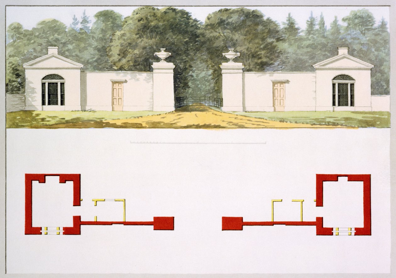 الارتفاعات والمخططات الأرضية لمدخل المدخل الجديد والنُزُل ، من الكتاب الأحمر لـ Antony House ، c.1812 (مرحاض على ورق) بواسطة همفري ريبتون