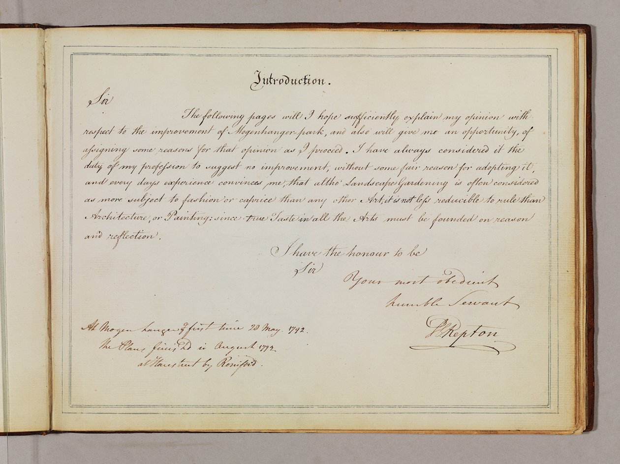 صفحة من "Red Books" ، لـ "Mogenhanger in Bedfordshire، a Seat of Godfrey Thornton Esq." بواسطة همفري ريبتون