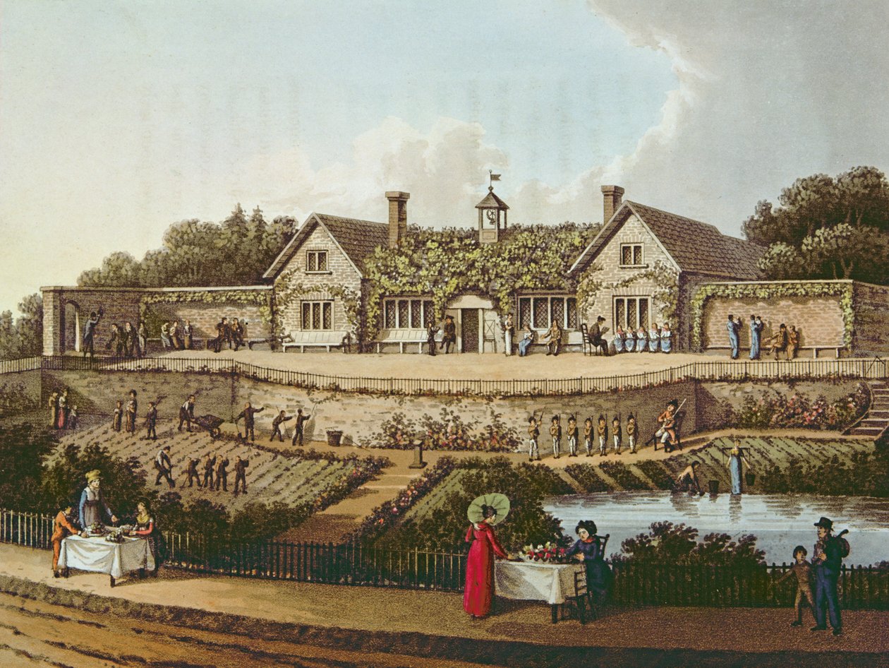 The Work House ، توضيح من `` شظايا حول نظرية وممارسة البستنة الطبيعية &39;&39; بواسطة همفري ريبتون ، تم نشره عام 1816 بواسطة همفري ريبتون
