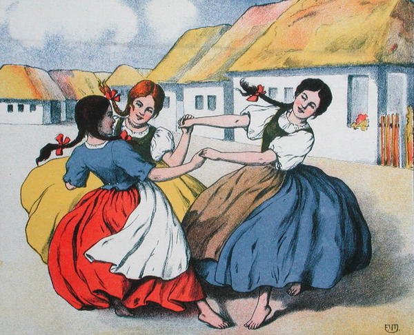 رقصة الفلاحين. رسم توضيحي من مجموع الأغاني لأرباد بالاز ، حوالي عام 1910 (لون ليثو) بواسطة المدرسة المجرية