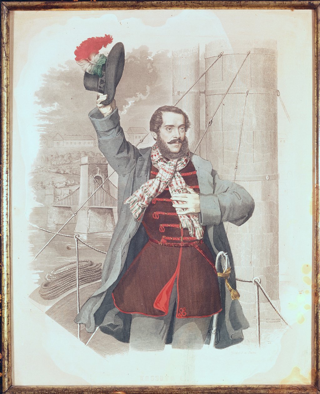 صورة لاجوس كوسوث (1802-94) في جسر السلسلة في بودابست ، 1849 بواسطة المدرسة المجرية