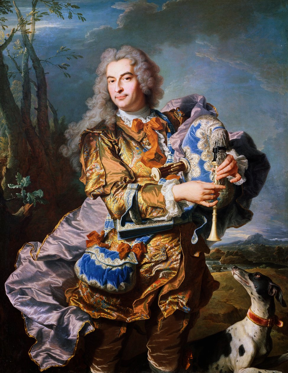 غاسبار دي جويدان يعزف على مزمار القربة ، حوالي عام 1735 ، بواسطة Hyacinthe Rigaud (1659-1743) ، زيت على قماش. التفاصيل. فرنسا بواسطة صفير فرانسوا ريغو