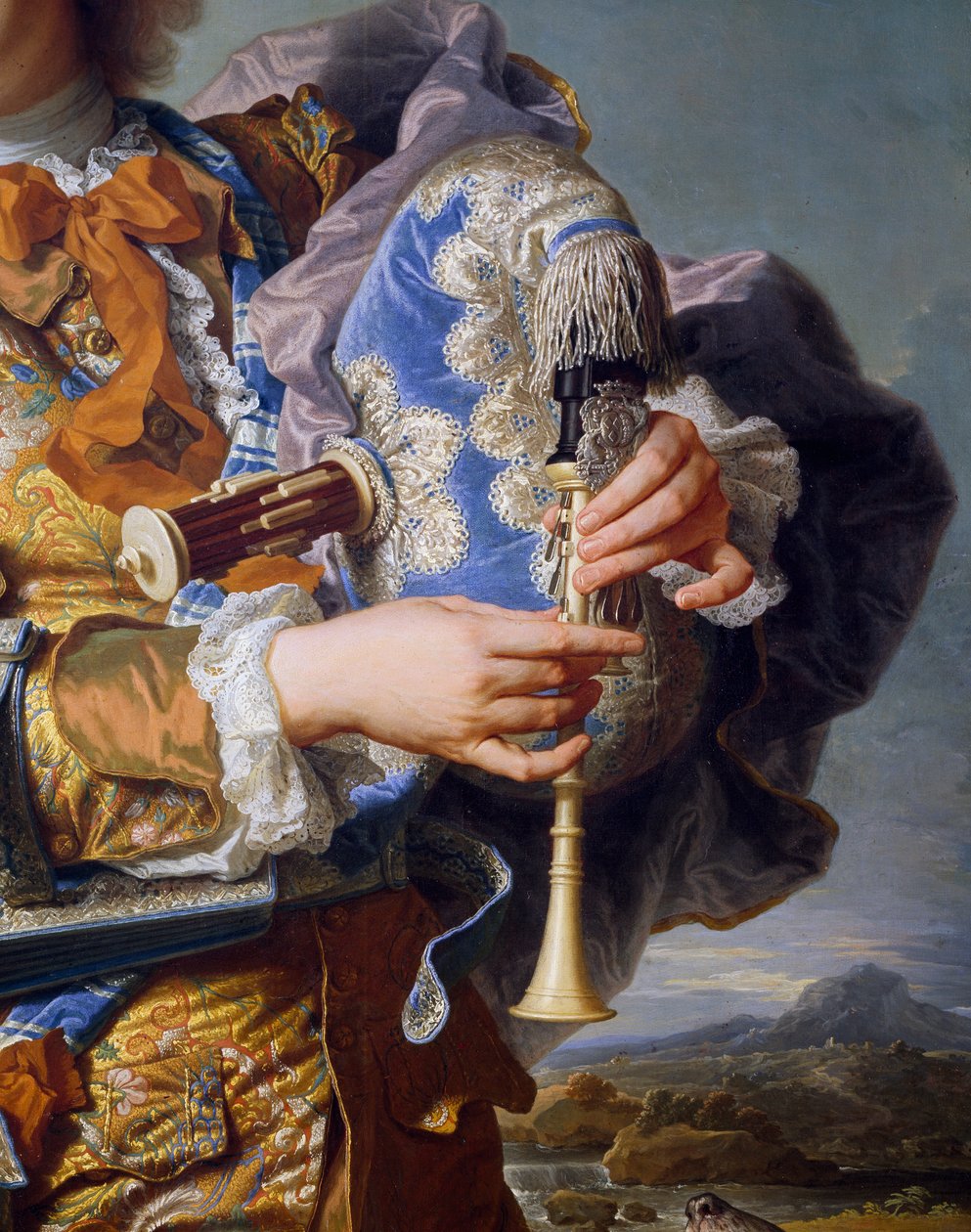 غاسبار دي جويدان يعزف على مزمار القربة ، حوالي عام 1735 ، بواسطة Hyacinthe Rigaud (1659-1743) ، زيت على قماش. التفاصيل. فرنسا بواسطة صفير فرانسوا ريغو