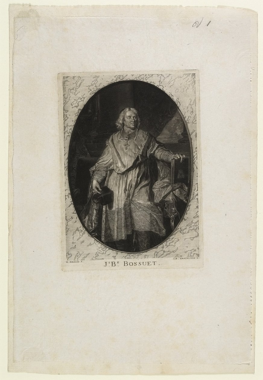 JB Bossuet (بالقدم) ، محفور بواسطة Jean-Baptiste de Grateloup ، 1771 (mezzotint و aquatint و drypoint على عمود فقري) بواسطة صفير فرانسوا ريغو