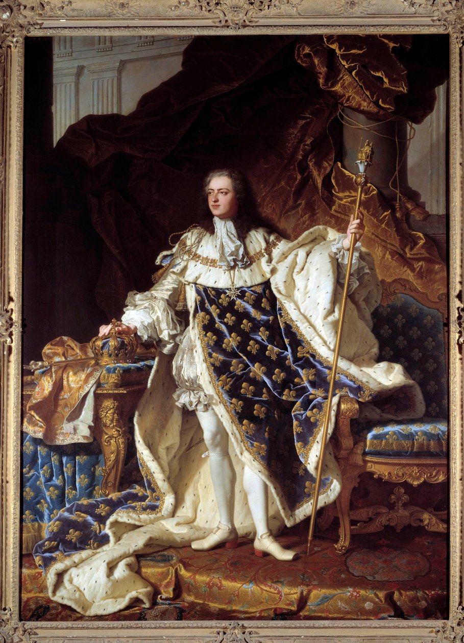 Portrait en pied de Louis XV en costume de corre (1710-1774) Painting by Hyacinthe Rigaud (1659-1743). 1730. Dim. 2,71 x 1,94 m. Versailles, musee du Chateau - Full-length portrait of Louis XV in coronation robes (1710-1774). Painting by Hyacinthe Rigaud ( بواسطة صفير فرانسوا ريغو