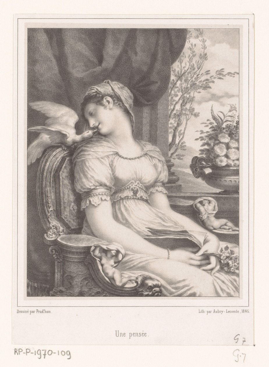 امرأة جالسة مع كتاب وطائر أبيض Une pensée (العنوان على الكائن) بواسطة Hyacinthe Louis Victor Jean Baptiste Aubry Lecomte