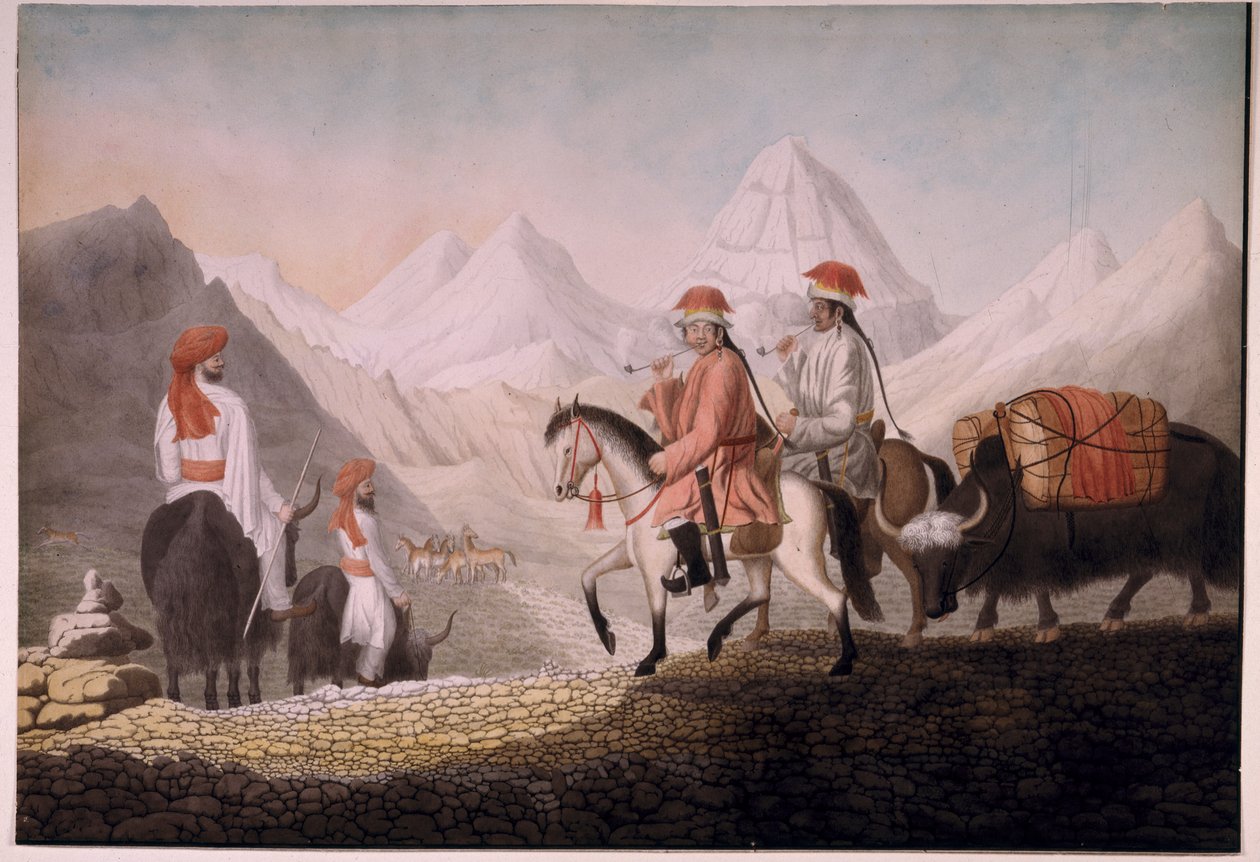 وليام موركروفت وهيرسي على الطريق إلى بحيرة مانساروار (التبت) 1812 (ألوان مائية على ورق) بواسطة هايدر جونغ هيرسي