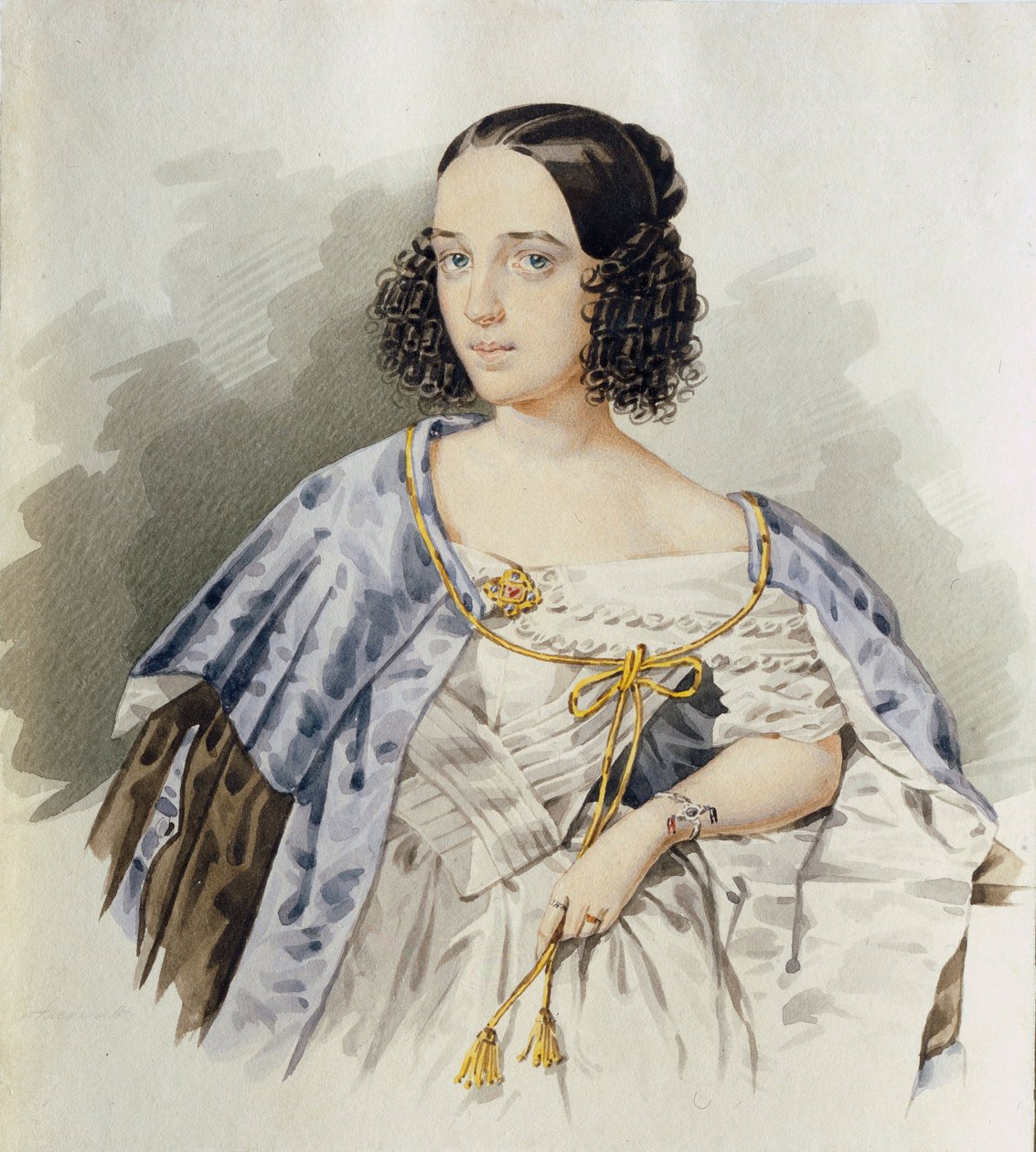 صورة للممثلة الروسية فارفارا أسينكوفا (1817-1841) - ألوان مائية على الورق المقوى رسمها أنا أليكسييف (نشط 1800-1850) بواسطة أولا أليكسييف
