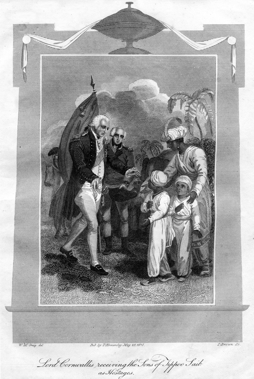 اللورد كورنواليس 1738-1805 يستقبل أبناء تيبو صايب كرهائن ، 1816. بواسطة اولا براون