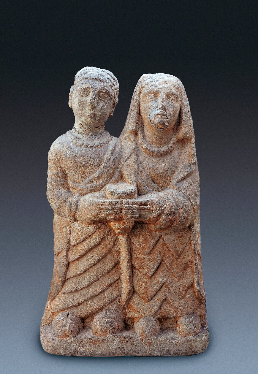 Anic art: زوجان يجلبان القربان. نحت الحجر ، القرن الثالث قبل الميلاد المتحف الوطني للآثار في مدريد. بواسطة الايبيرية