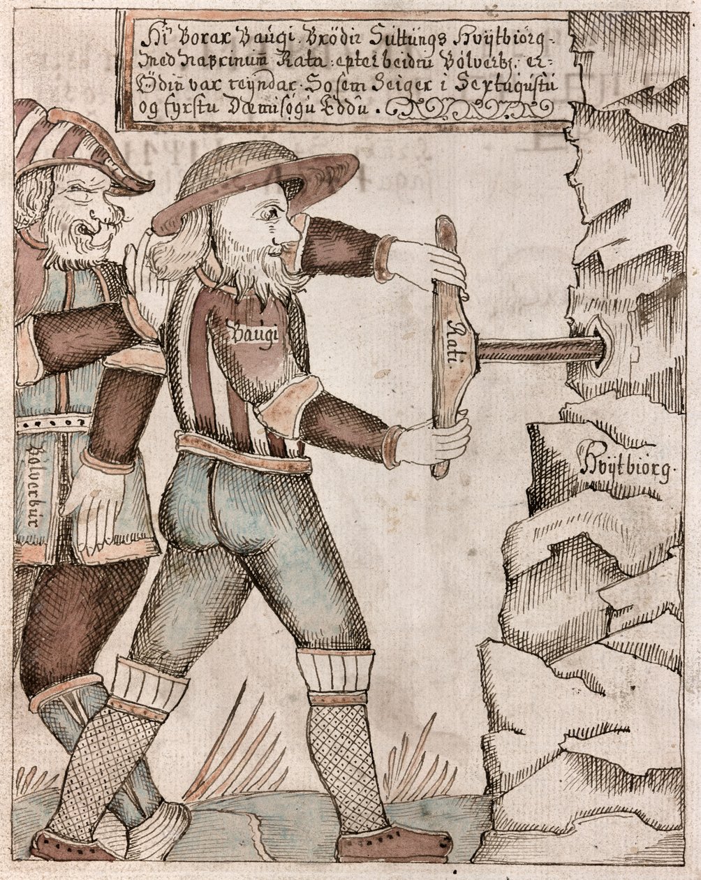 العملاق Baugi ، الذي أقنعه Odin ، يحفر في أخيه ، غرفة Suttung تحت الأرض حيث يتم إخفاء هيدروميل ، ميد الشعراء ، بواسطة المدرسة الآيسلندية